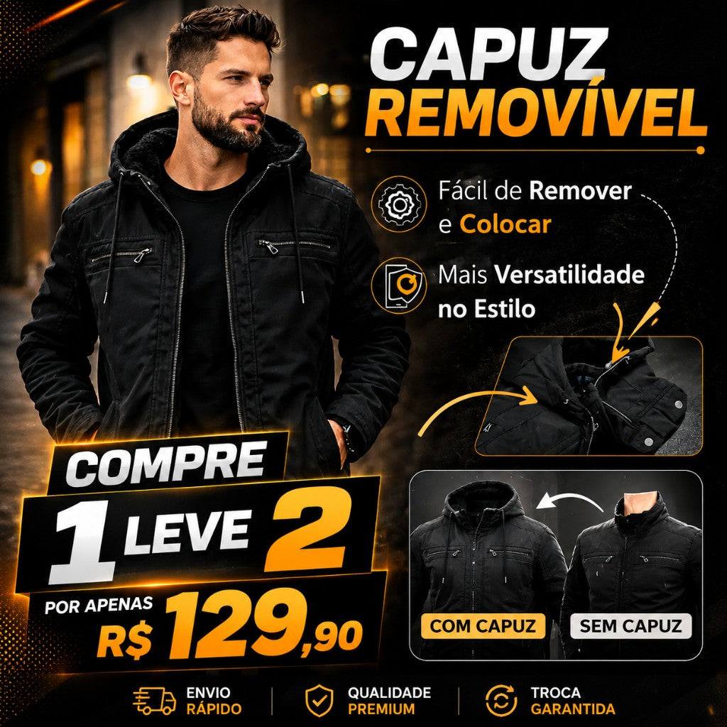 Jaqueta Masculina de Sarja Forrada por Dentro com Capuz Removível