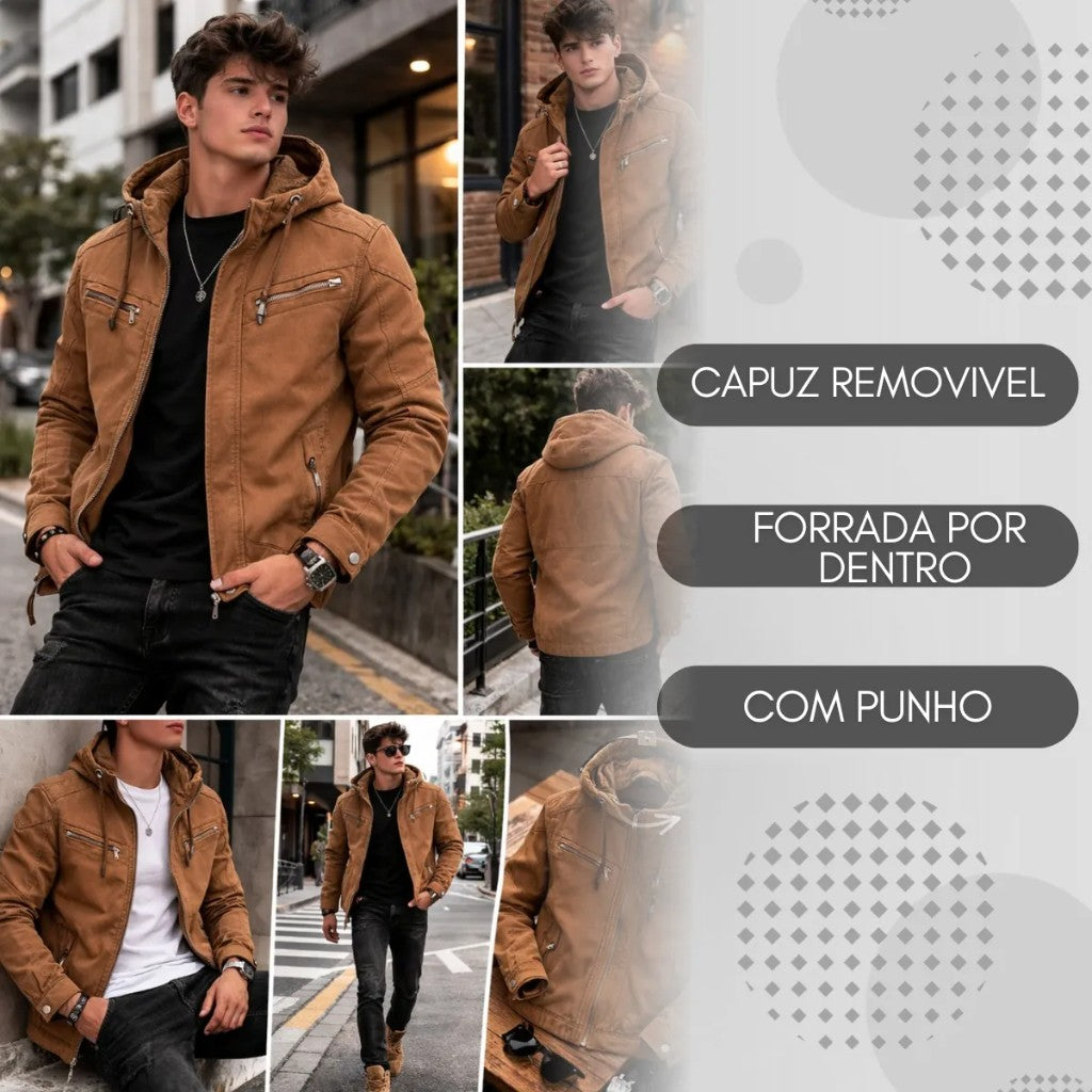 Jaqueta Masculina de Sarja Forrada por Dentro com Capuz Removível